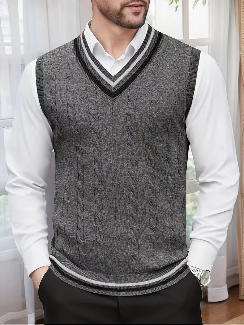 Gilet sans manches torsadé à col V bicolore en maille classique homme – Albi