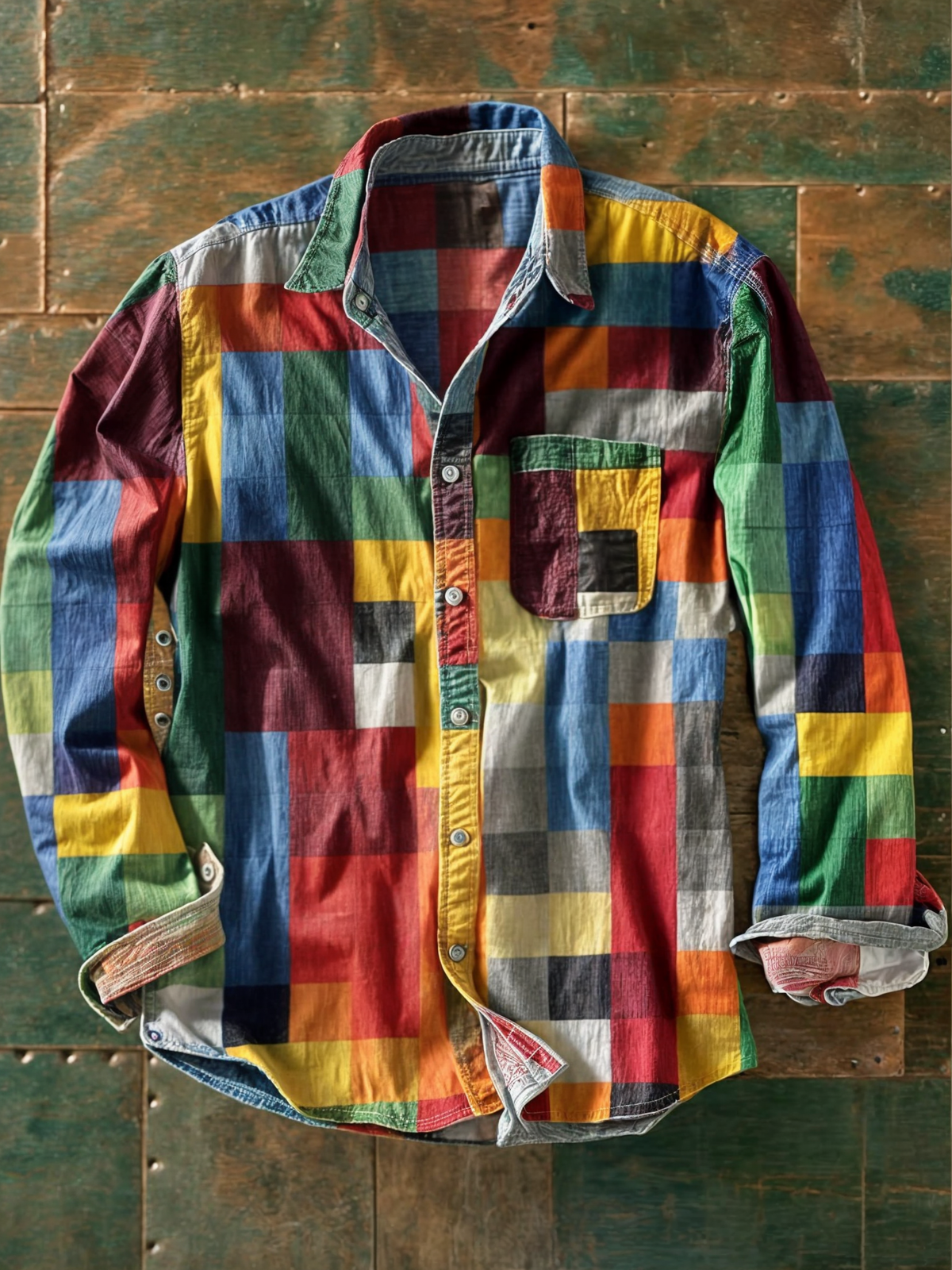 Chemise patchwork colorblock à manches longues