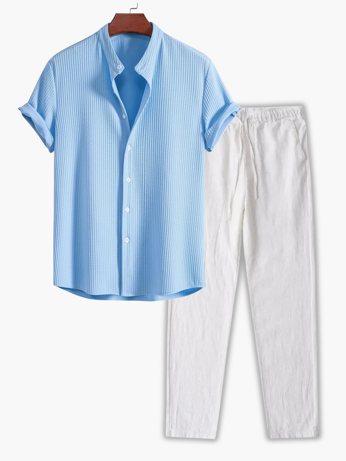 Ensemble chemise col mao manches courtes retroussées et pantalon à cordon homme – Penmarc'h
