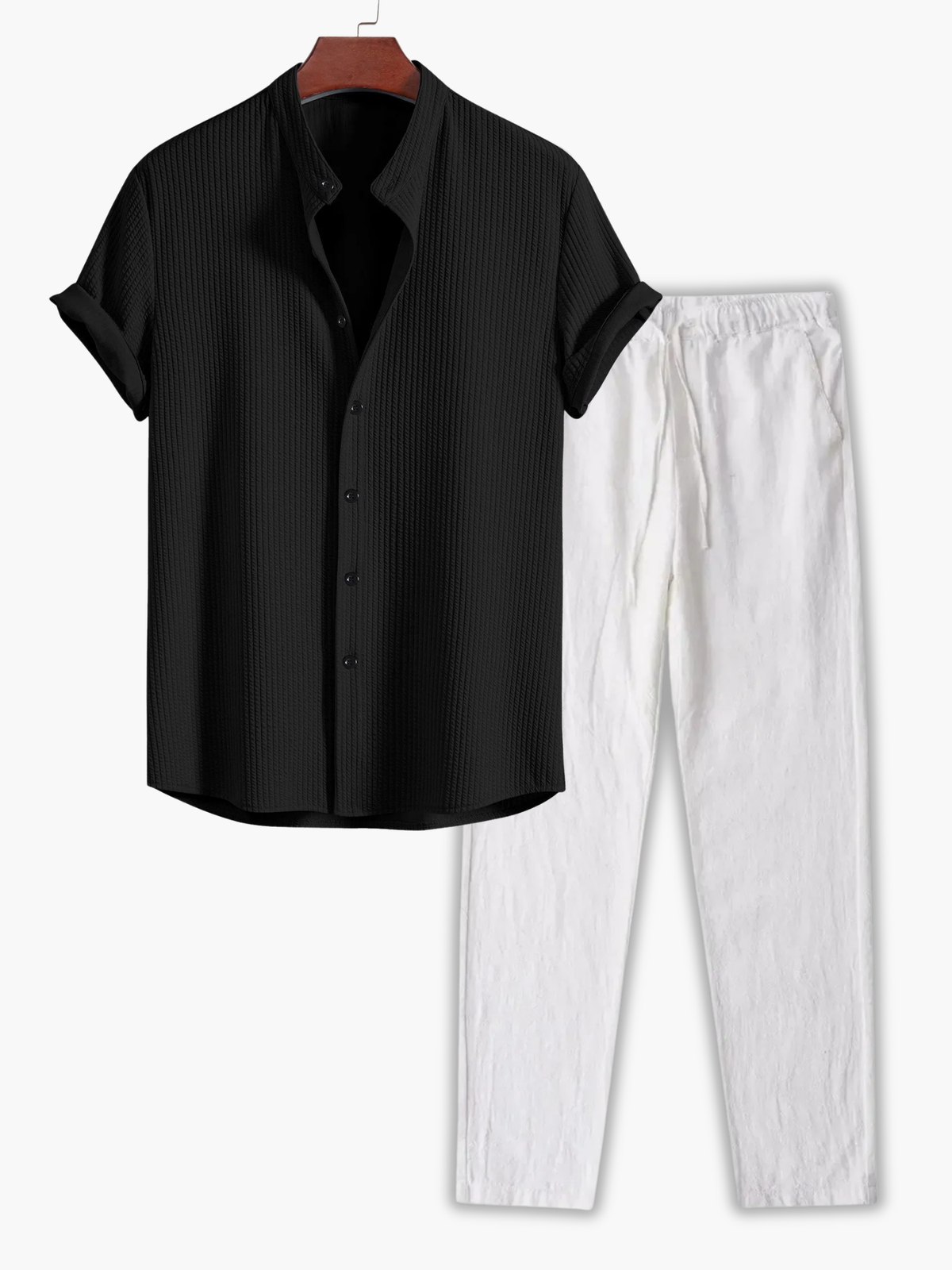 Ensemble chemise col mao manches courtes retroussées et pantalon à cordon homme – Penmarc'h