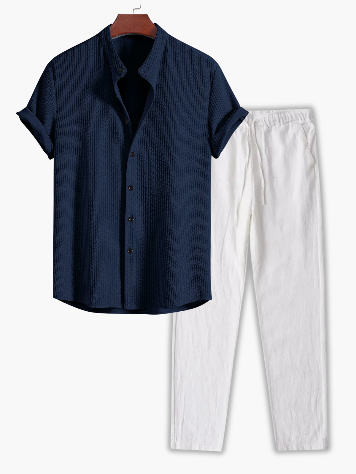Ensemble chemise col mao manches courtes retroussées et pantalon à cordon homme – Penmarc'h
