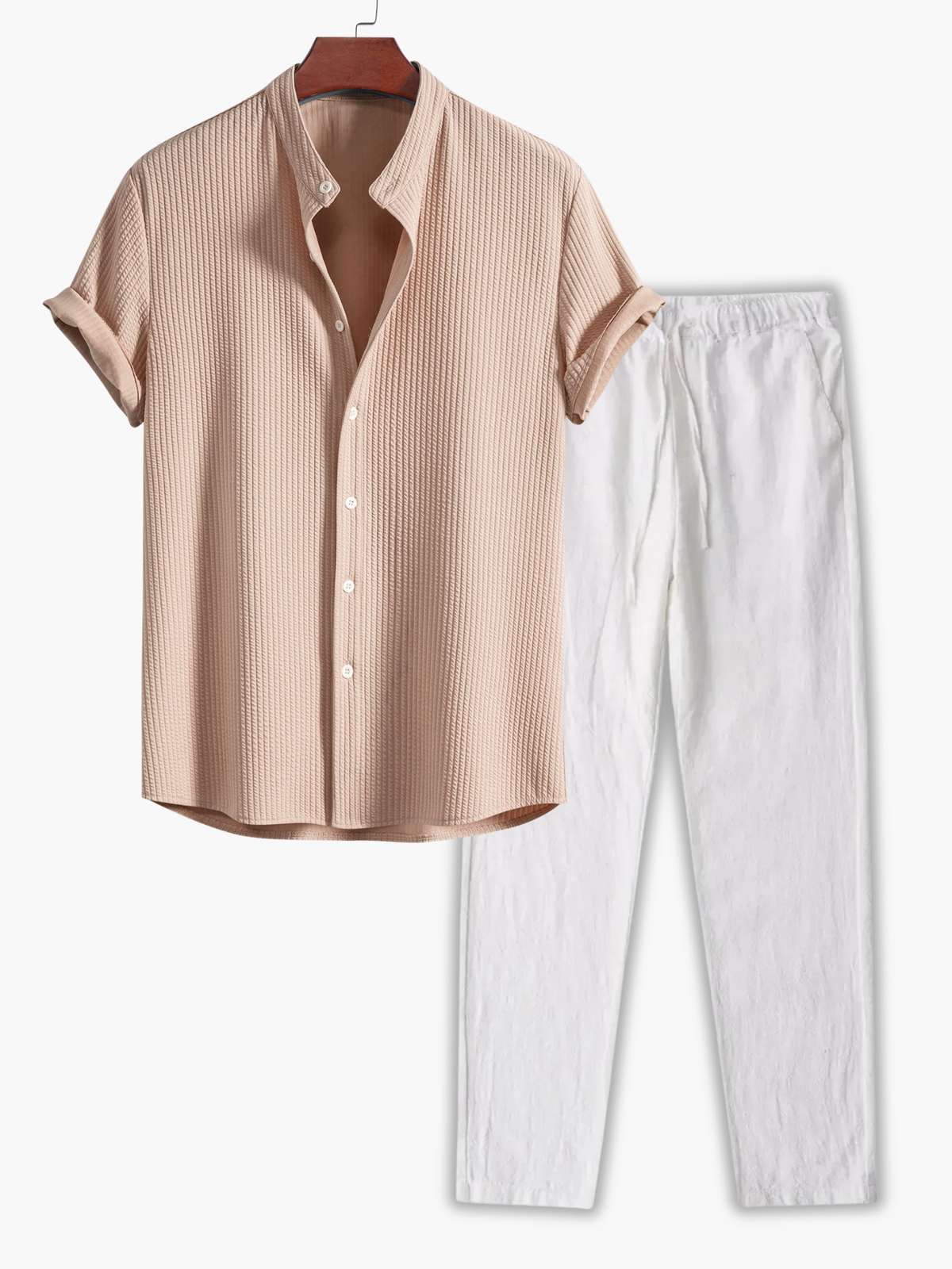 Ensemble chemise col mao manches courtes retroussées et pantalon à cordon homme – Penmarc'h