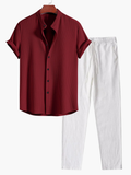 Ensemble chemise col mao manches courtes retroussées et pantalon à cordon homme – Penmarc'h