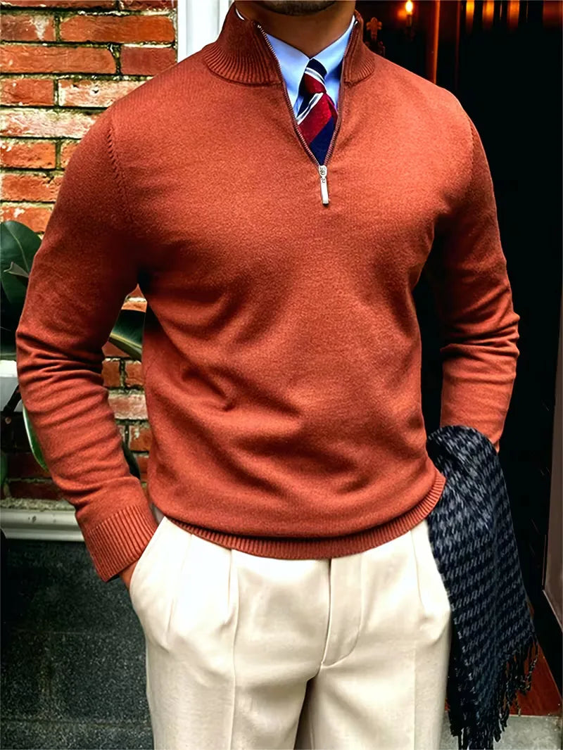 Pull col montant demi-zip en maille douce au style intemporel homme – Rouille