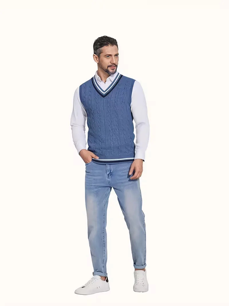 Gilet sans manches torsadé à col V bicolore en maille classique homme – Albi