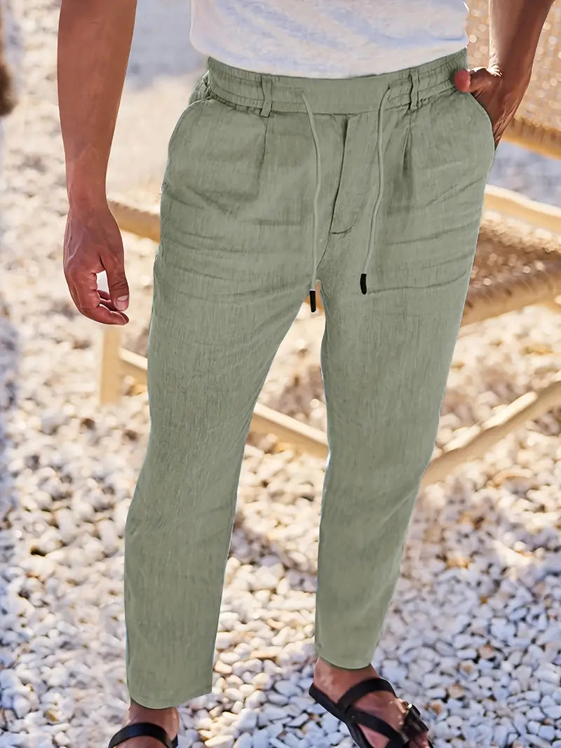 Pantalon large aspect lin à cordon