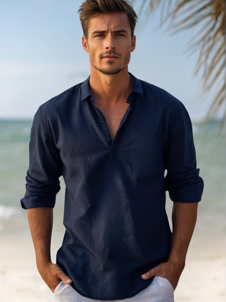 Chemise casual en lin coupe décontractée boutonnée homme – Bricquebec