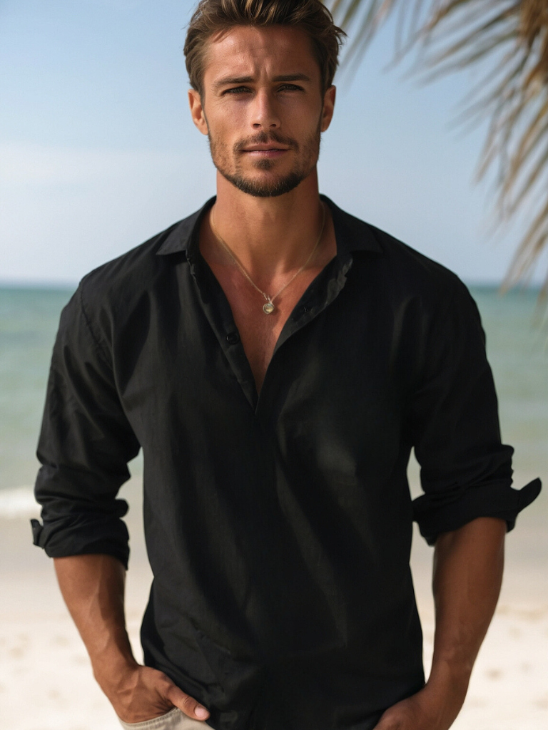 Chemise casual en lin coupe décontractée boutonnée homme – Bricquebec