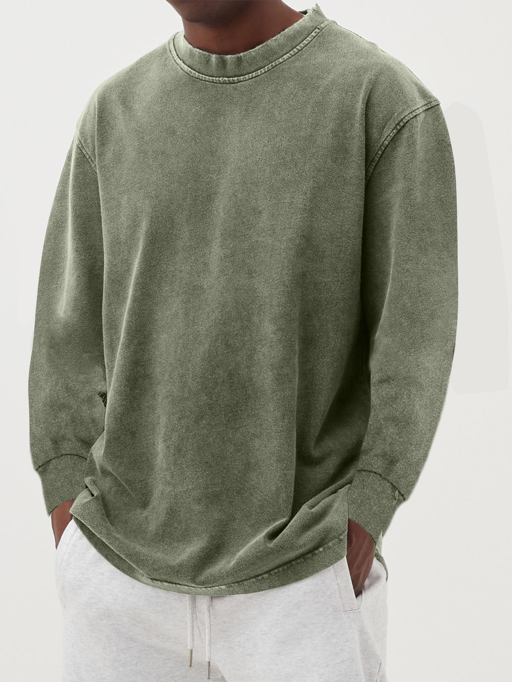 T-shirt manches longues col rond vert délavé