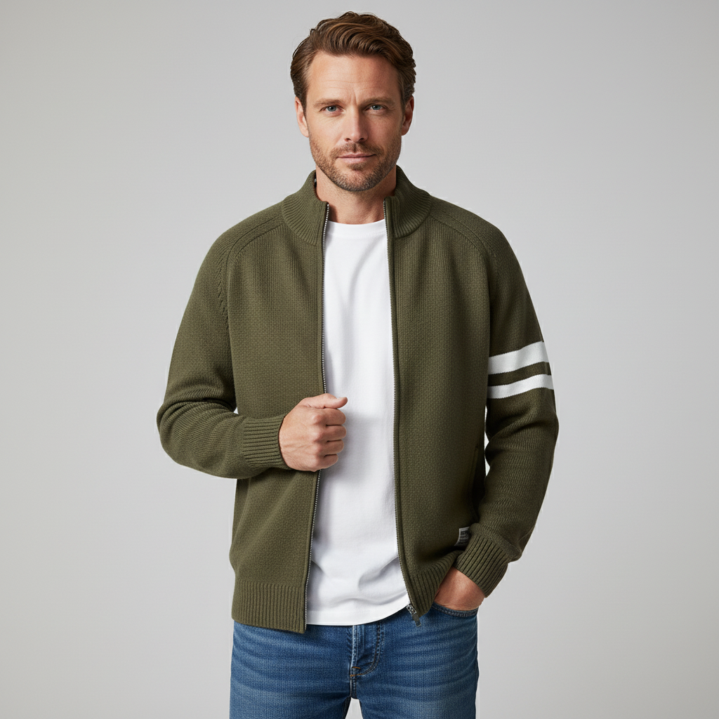 Cardigan zippé col montant à bandes