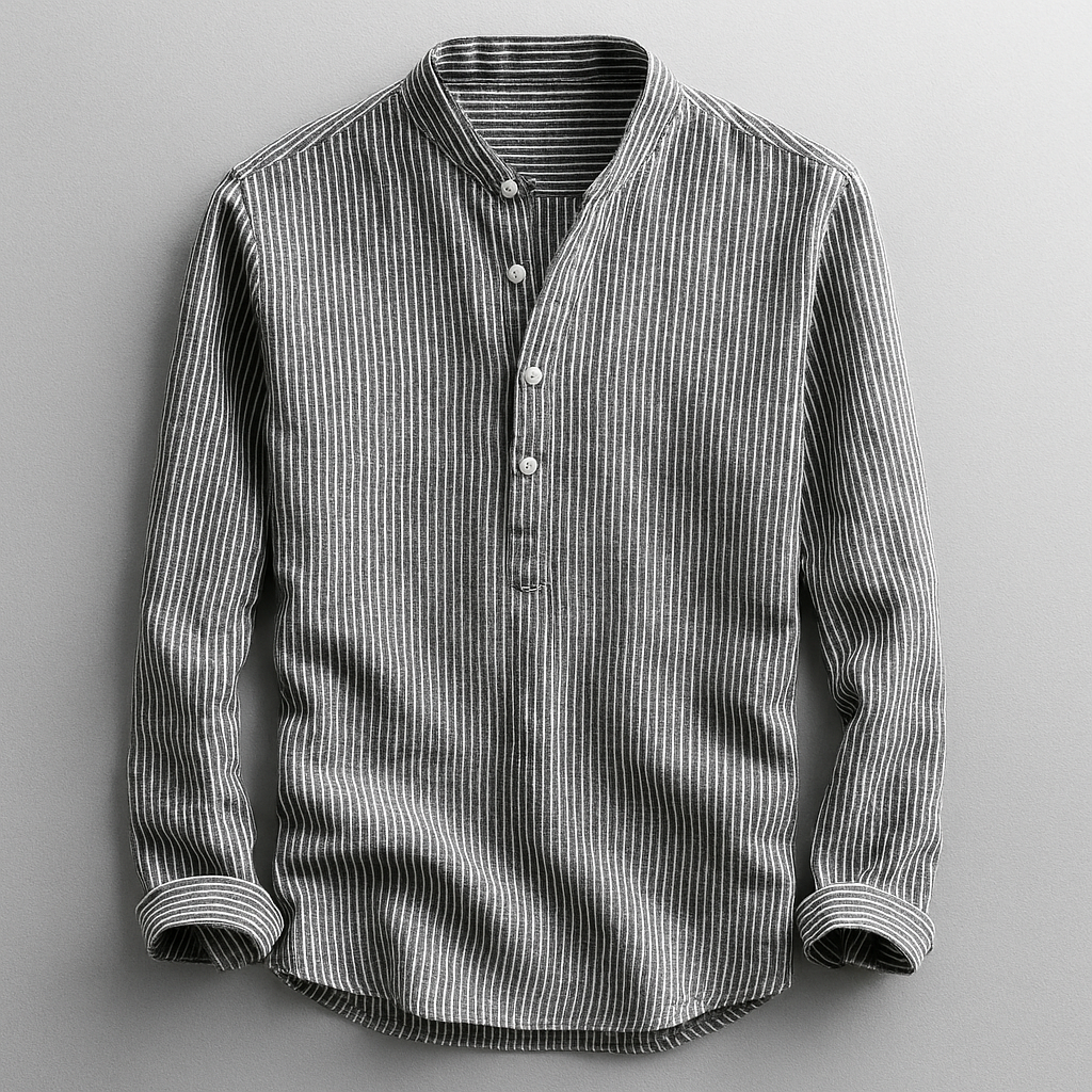 Chemise col mao à fines rayures bleue