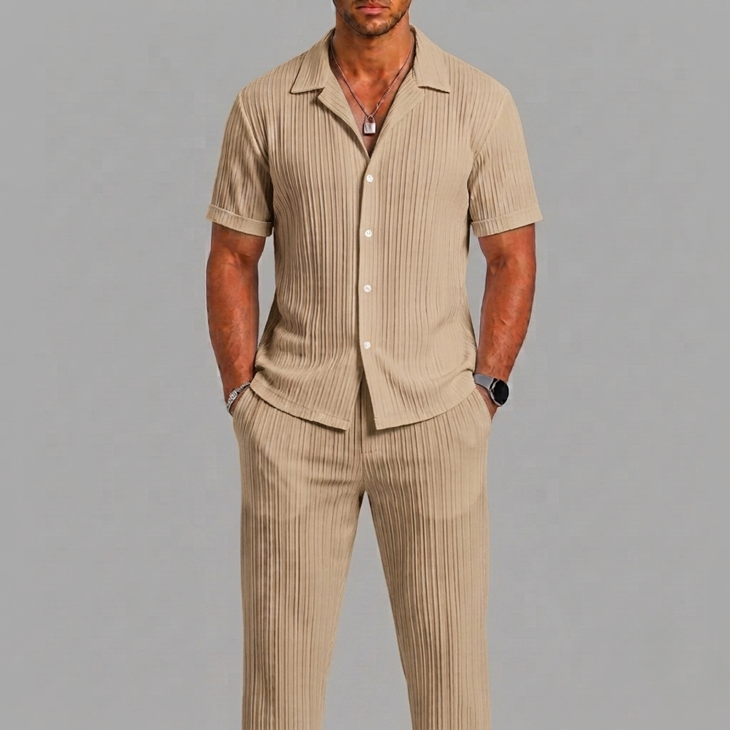 Ensemble d'été chemise à manches courtes et pantalon assorti rayures verticales homme – Alençon