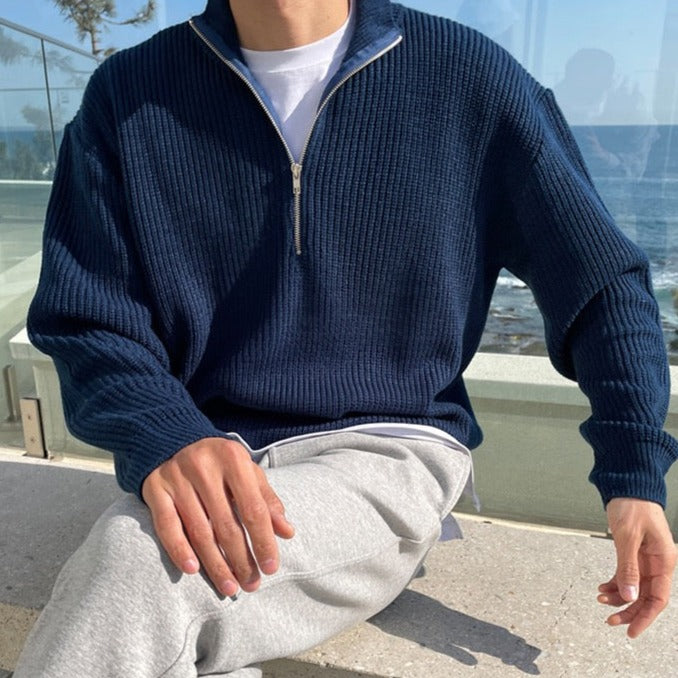 Pull demi-zippé en maille côtelée marine