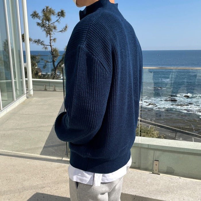 Pull demi-zippé en maille côtelée marine