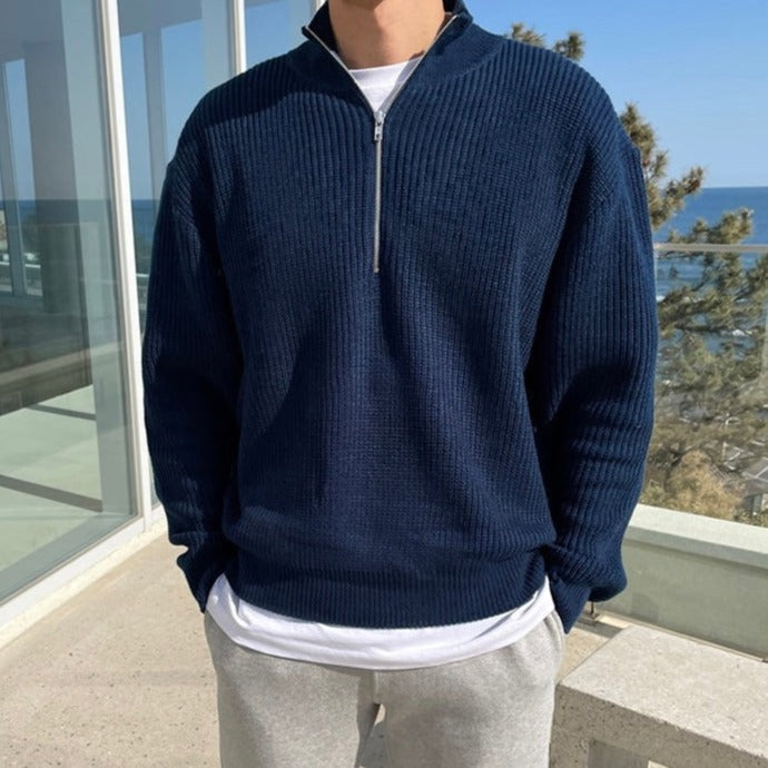 Pull demi-zippé en maille côtelée marine