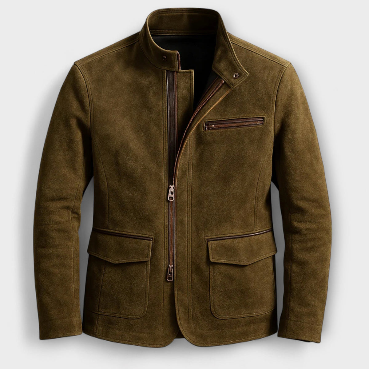 Veste zippée aspect daim marron col montant