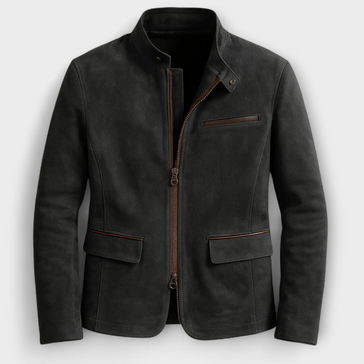 Veste zippée aspect daim marron col montant
