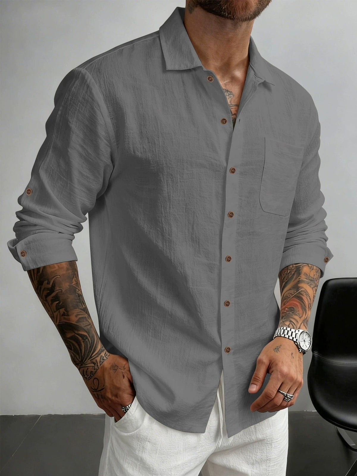 Chemise texturée à boutons ton bois