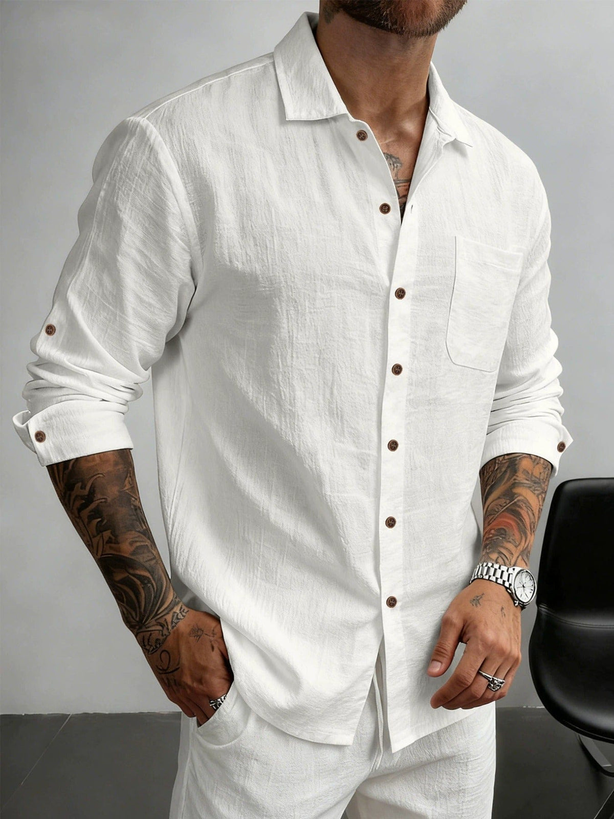 Chemise texturée à boutons ton bois