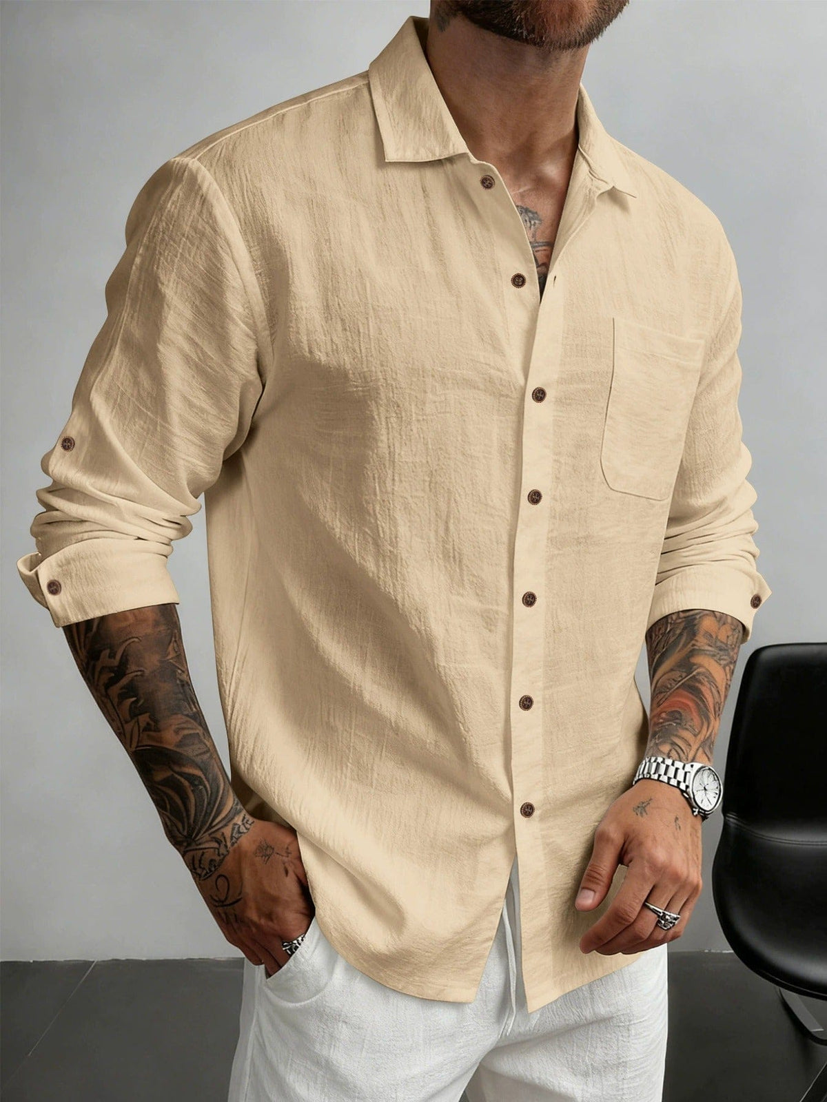 Chemise texturée à boutons ton bois