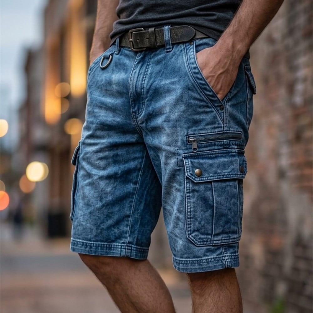 Short cargo aspect denim délavé