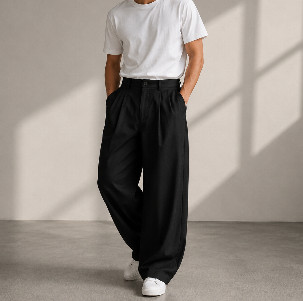 Pantalon large à plis marqués coupe décontractée moderne homme – Pereire