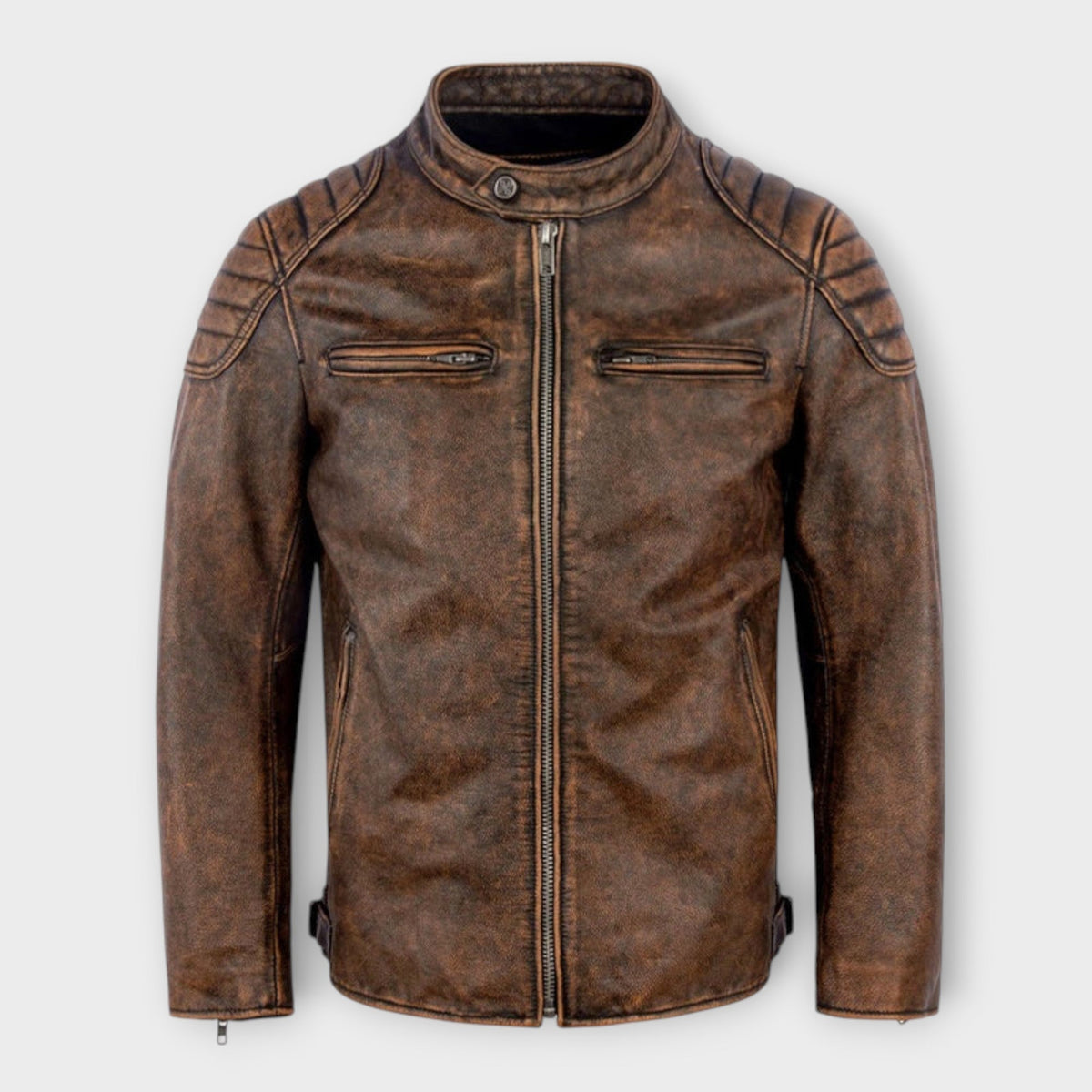 Veste effet cuir patiné marron col montant