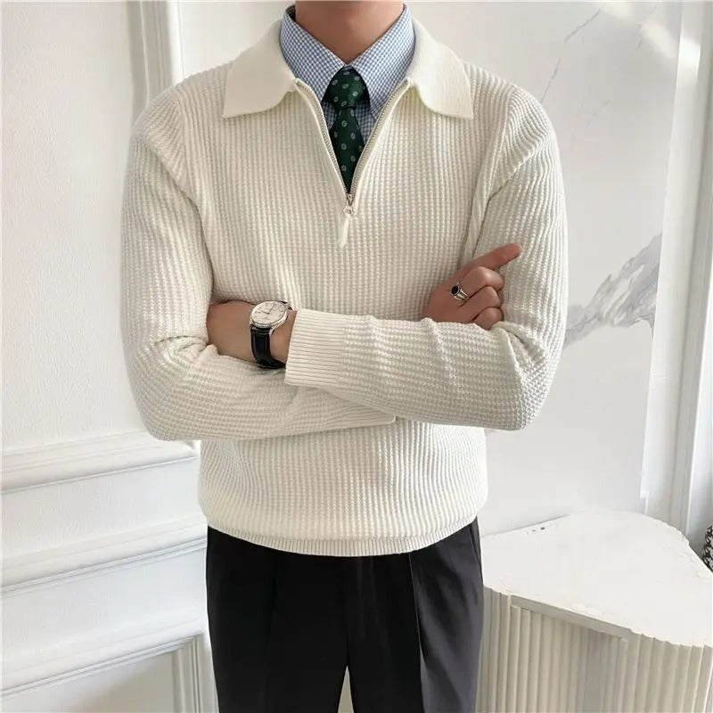 Pull col polo zippé en maille texturée