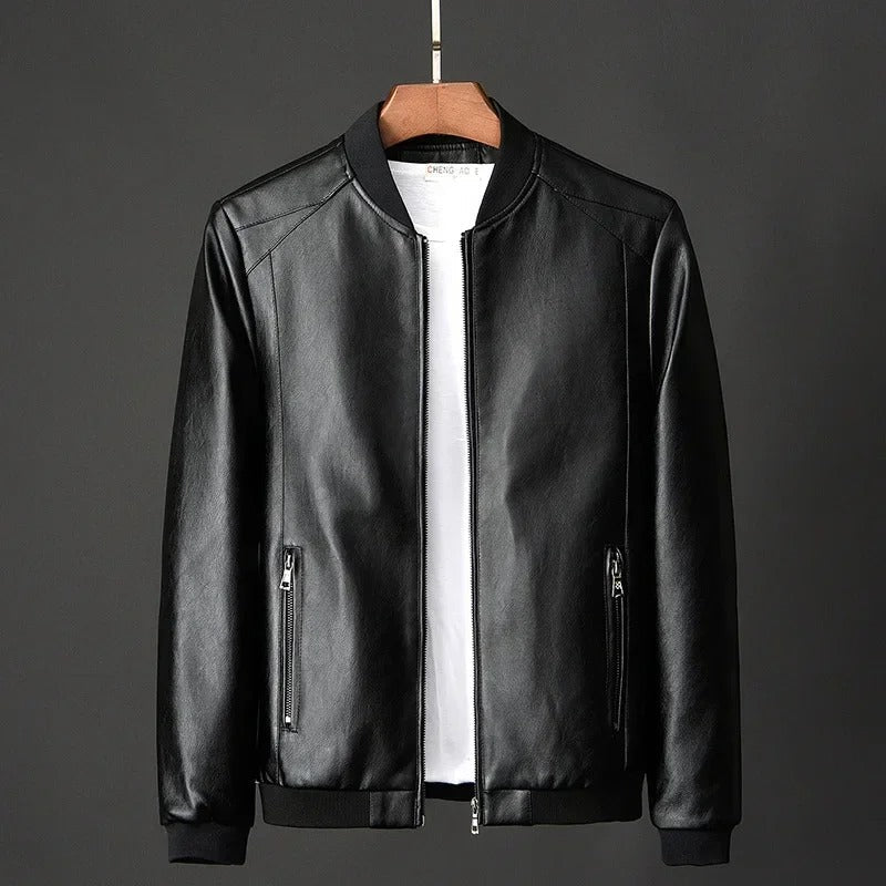 Blouson effet cuir noir à col côtelé