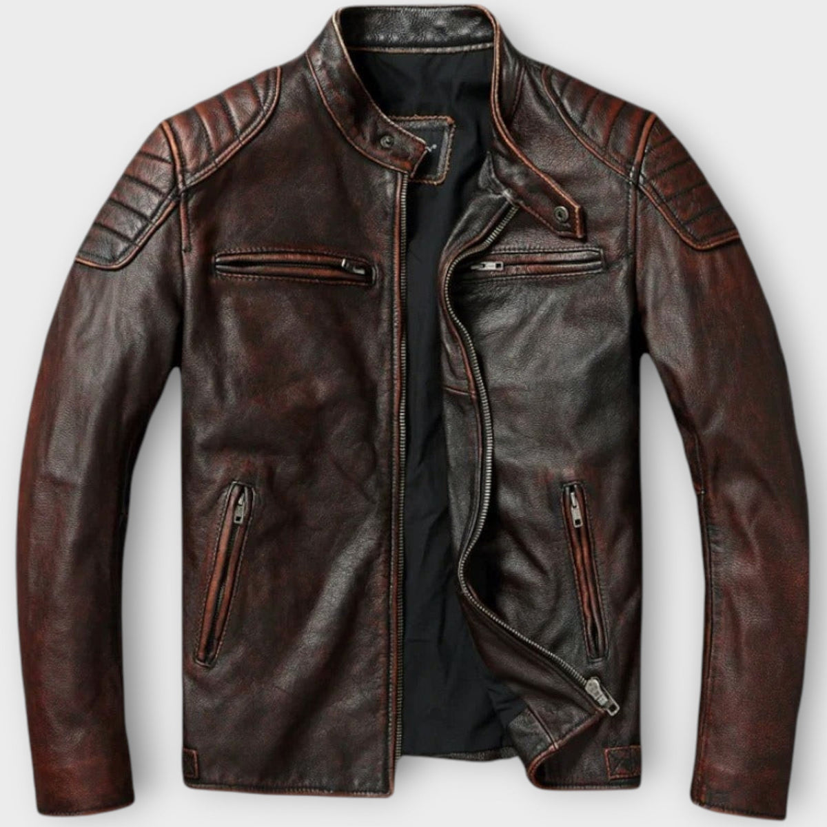 Veste effet cuir patiné marron col montant