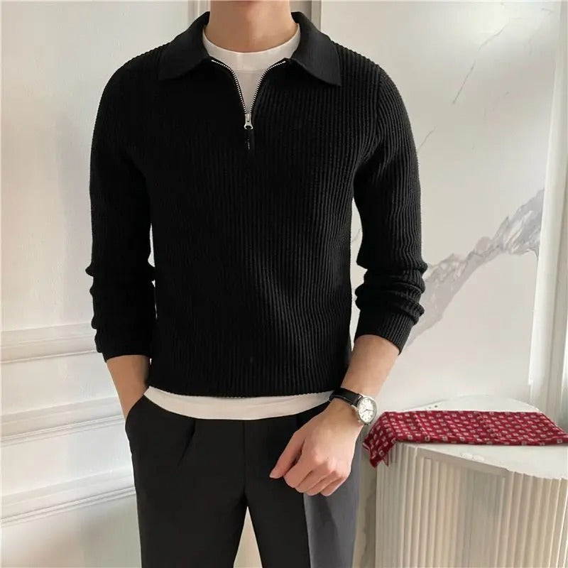Pull col polo zippé en maille texturée
