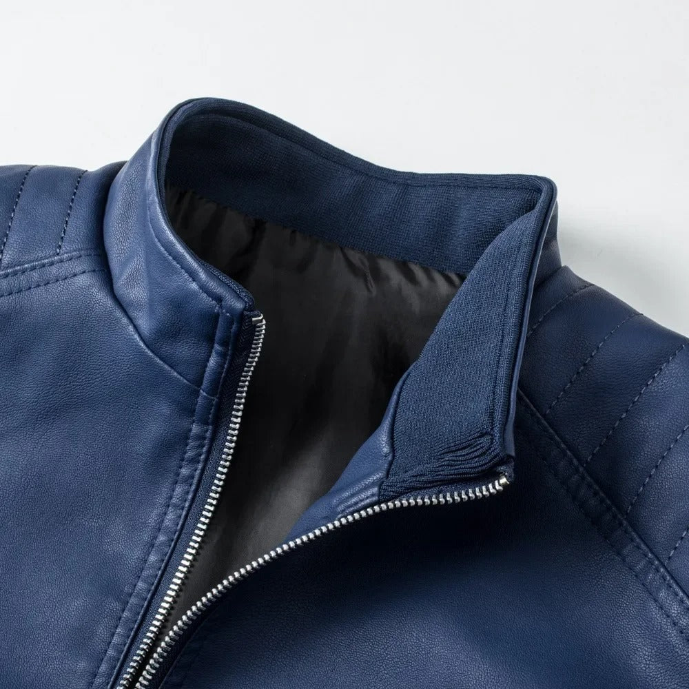 Veste effet cuir bleue col montant matelassé