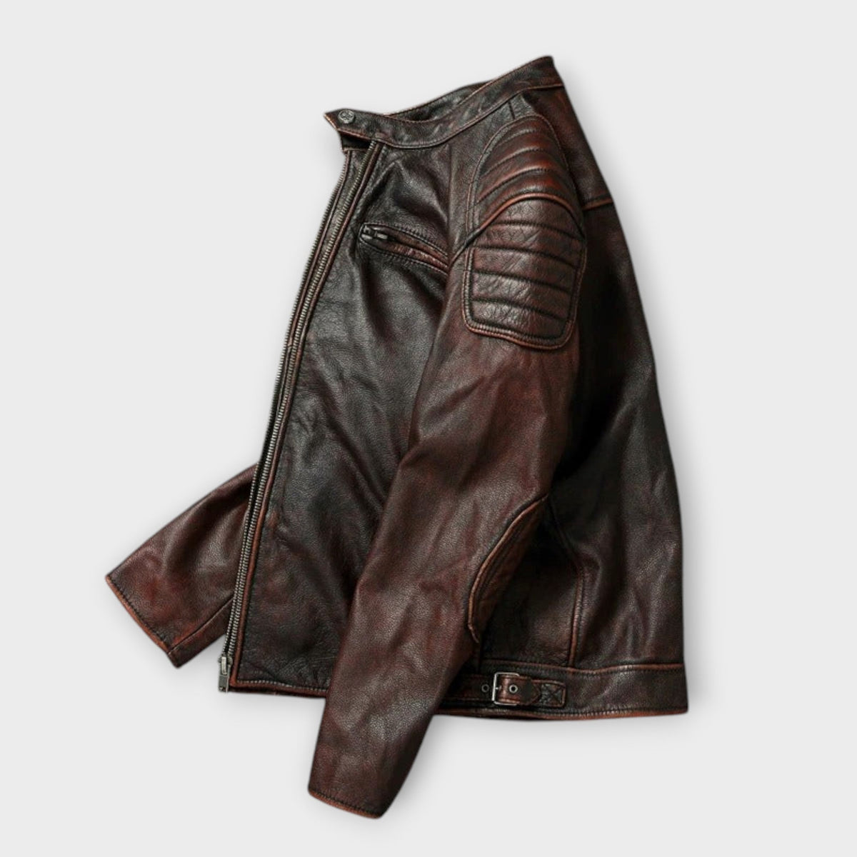 Veste effet cuir patiné marron col montant
