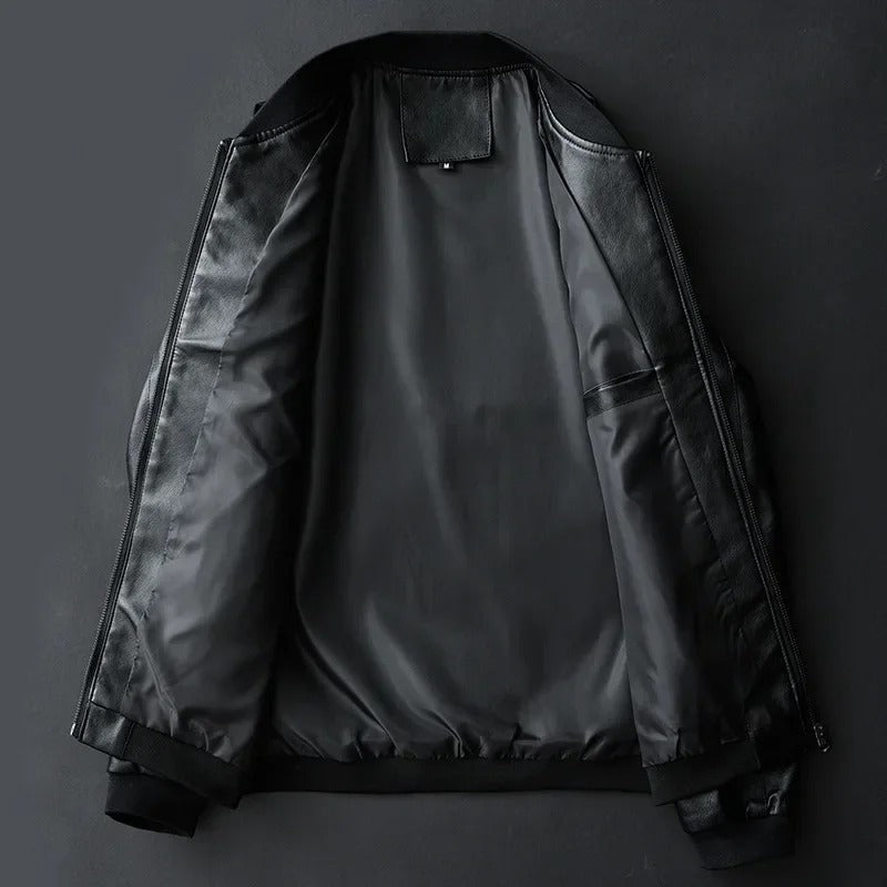 Blouson effet cuir noir à col côtelé
