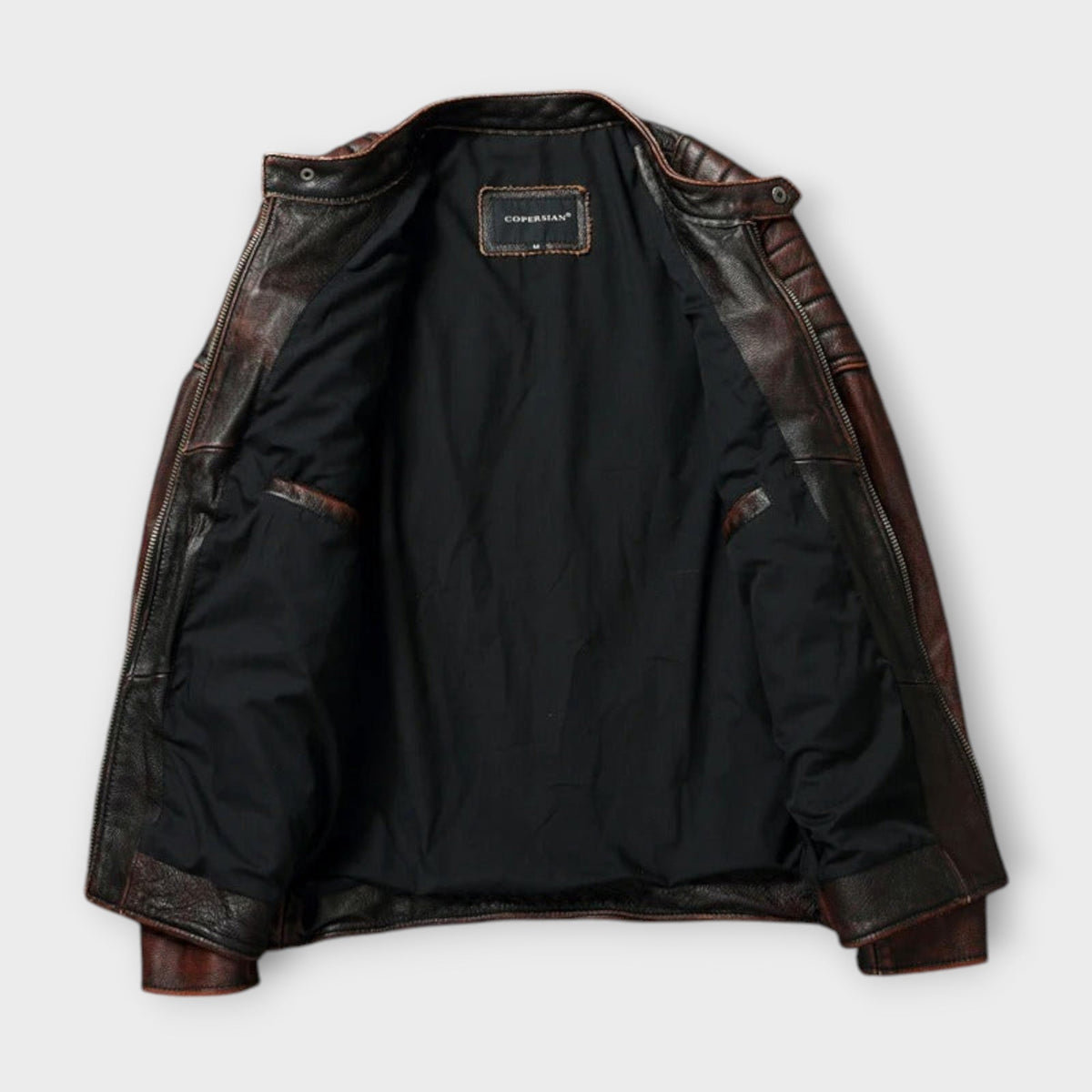Veste effet cuir patiné marron col montant