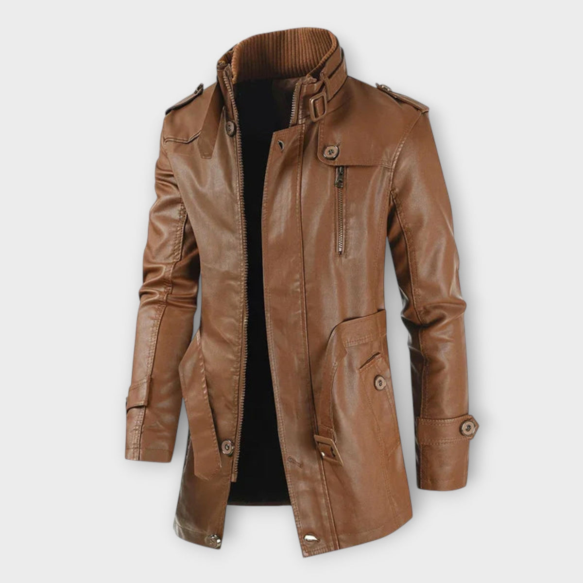 Veste longue effet cuir col montant