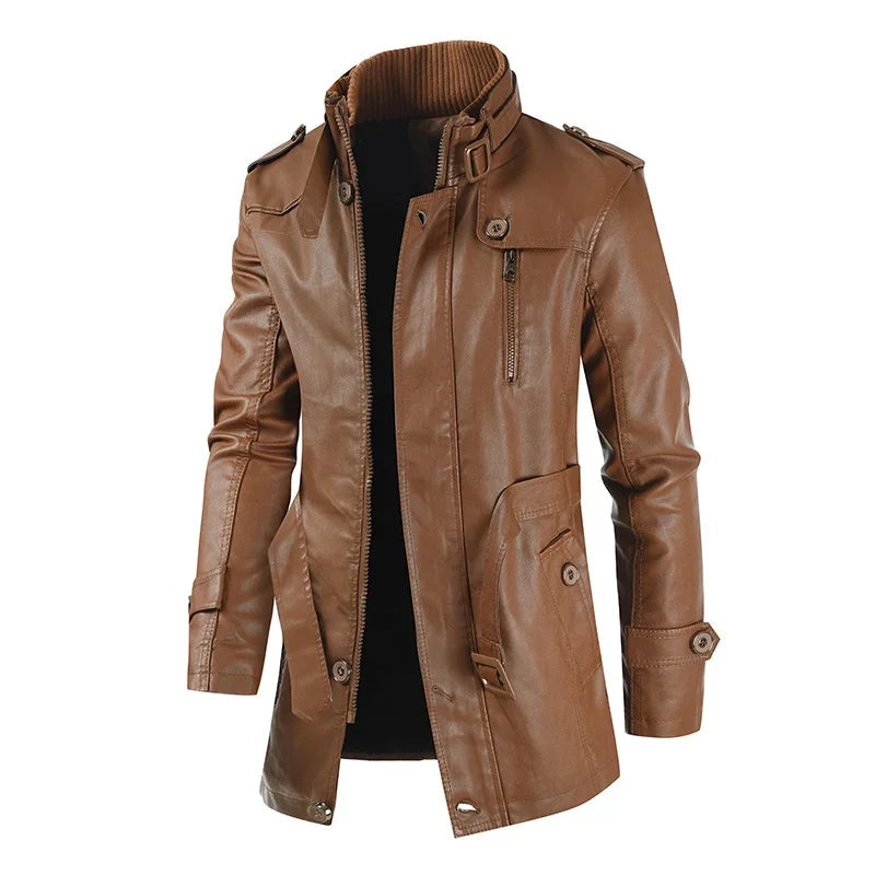 Veste longue effet cuir col montant