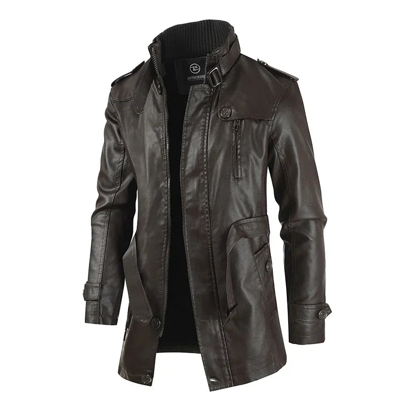 Veste longue effet cuir col montant