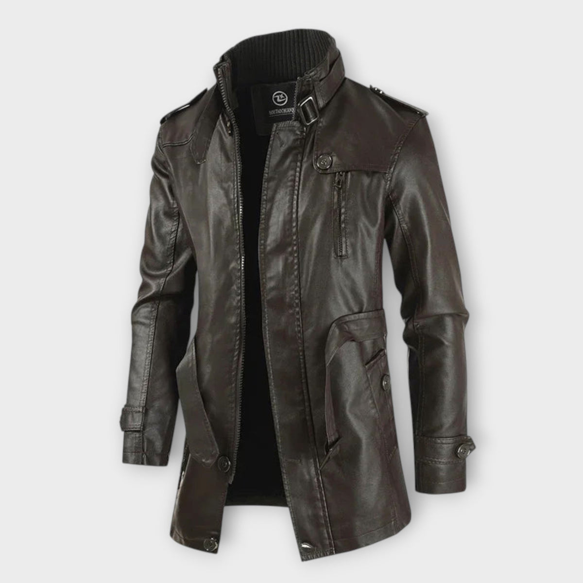 Veste longue effet cuir col montant