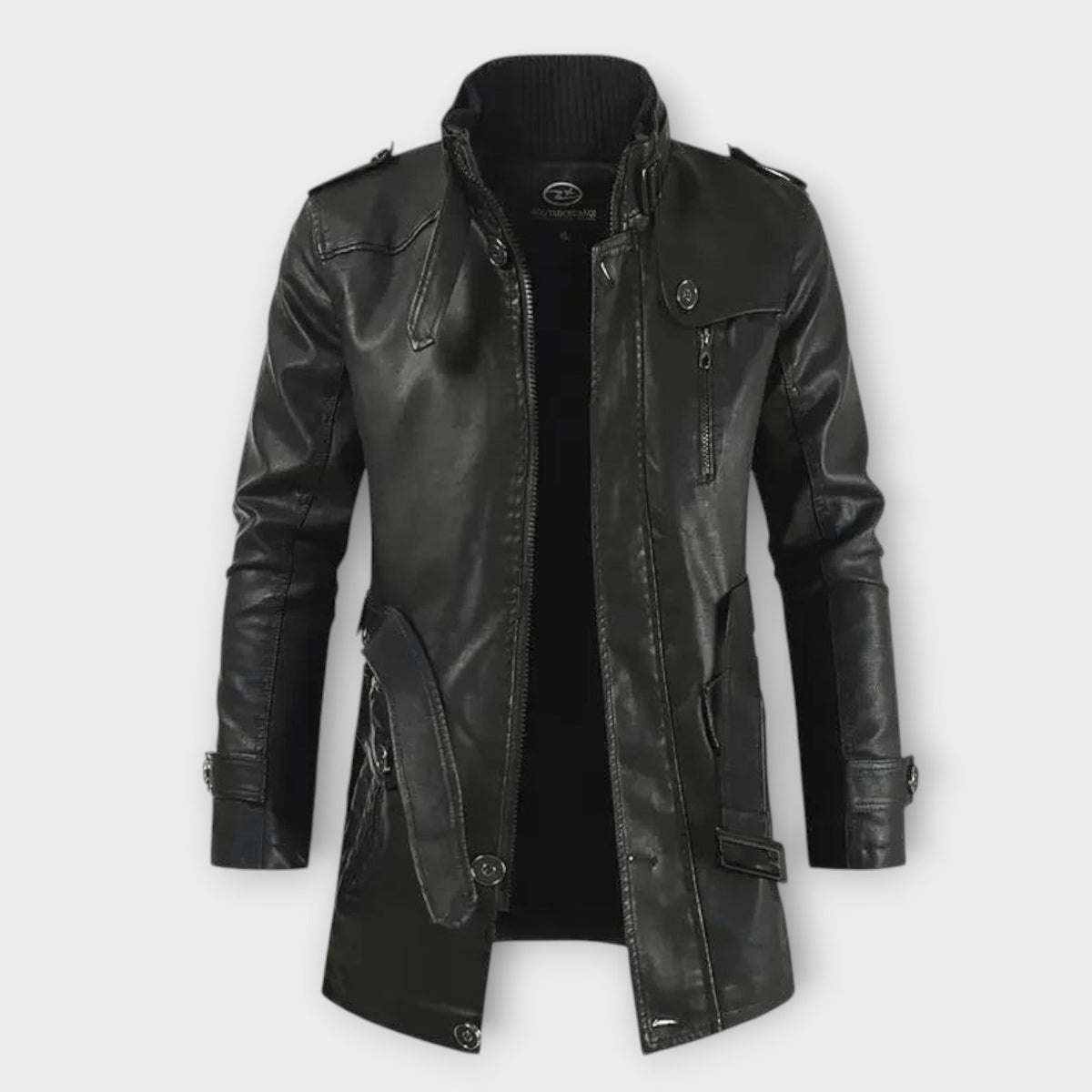Veste longue effet cuir col montant