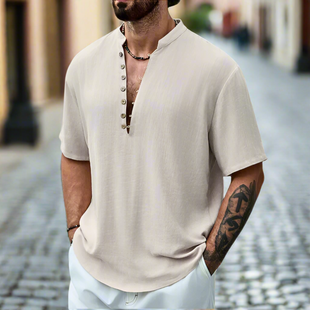 Chemise en lin à manches courtes col boutonné coupe relax respirante homme – Duras