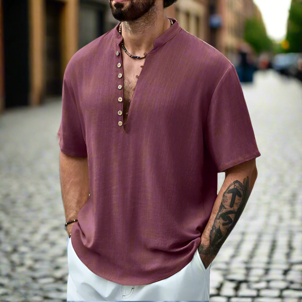 Chemise en lin à manches courtes col boutonné coupe relax respirante homme – Duras