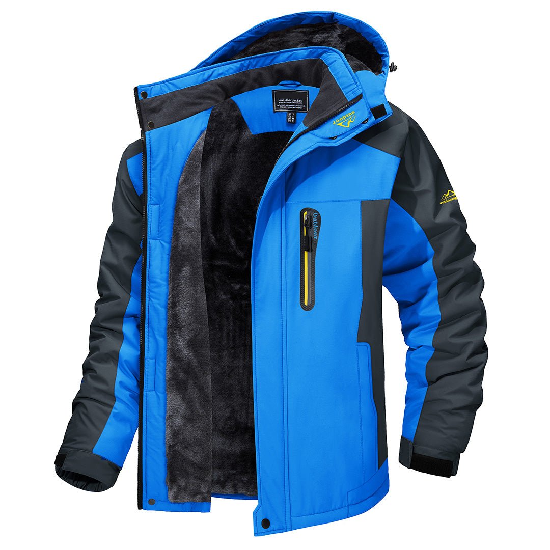 Veste d'hiver à capuche homme Arago coloris bleu et gris anthracite, vue ouverte sur la doublure