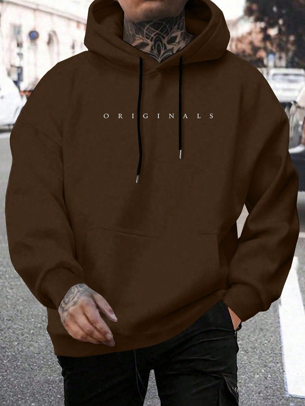 Sweat à capuche oversize imprimé lettré urbain finition soignée homme – Marron