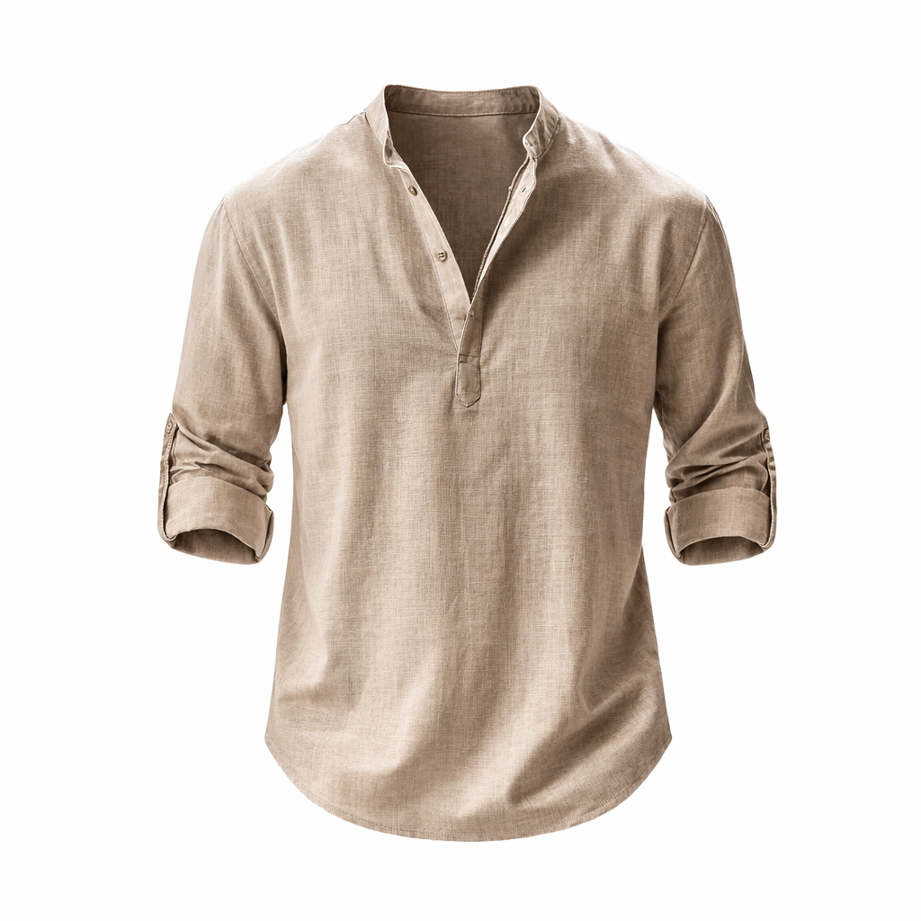 Chemise en lin à col mao manches retroussables boutonnage ouvert homme – Falaise