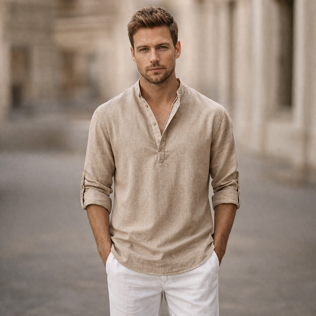 Chemise en lin à col mao manches retroussables boutonnage ouvert homme – Falaise
