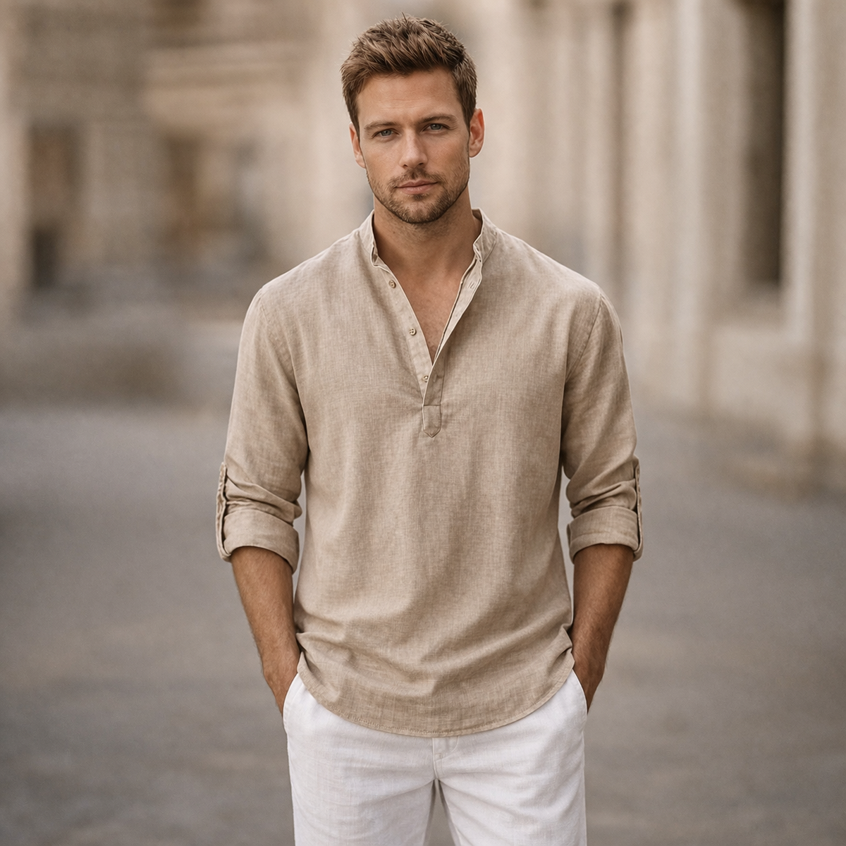 Chemise en lin à col mao manches retroussables boutonnage ouvert homme – Falaise