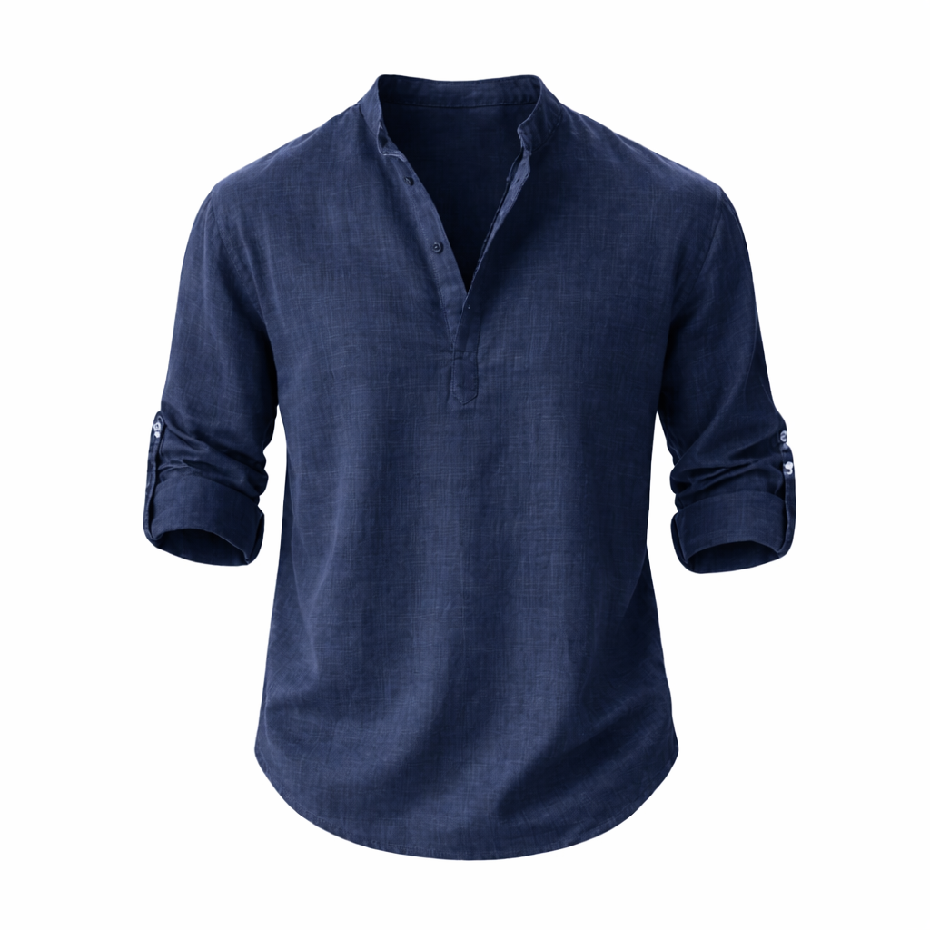 Chemise en lin à col mao manches retroussables boutonnage ouvert homme – Falaise