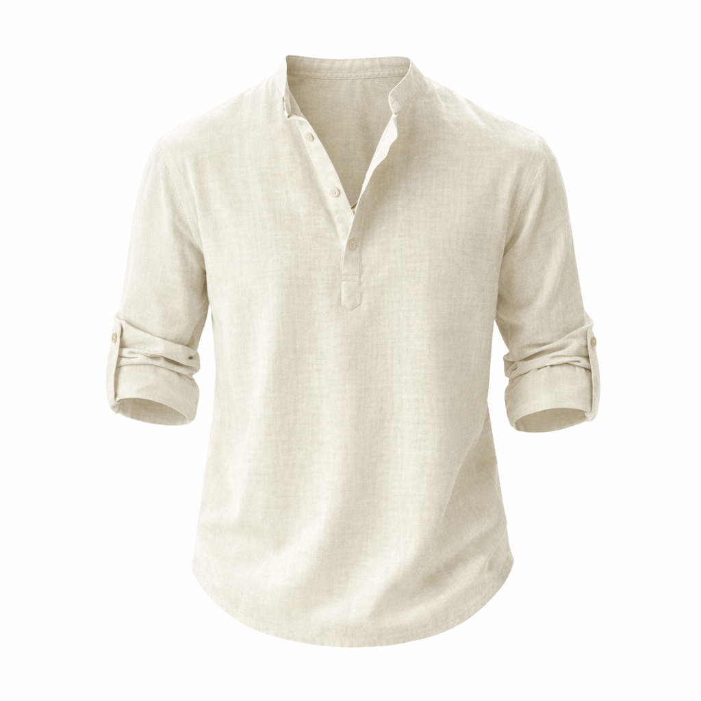 Chemise en lin à col mao manches retroussables boutonnage ouvert homme – Falaise