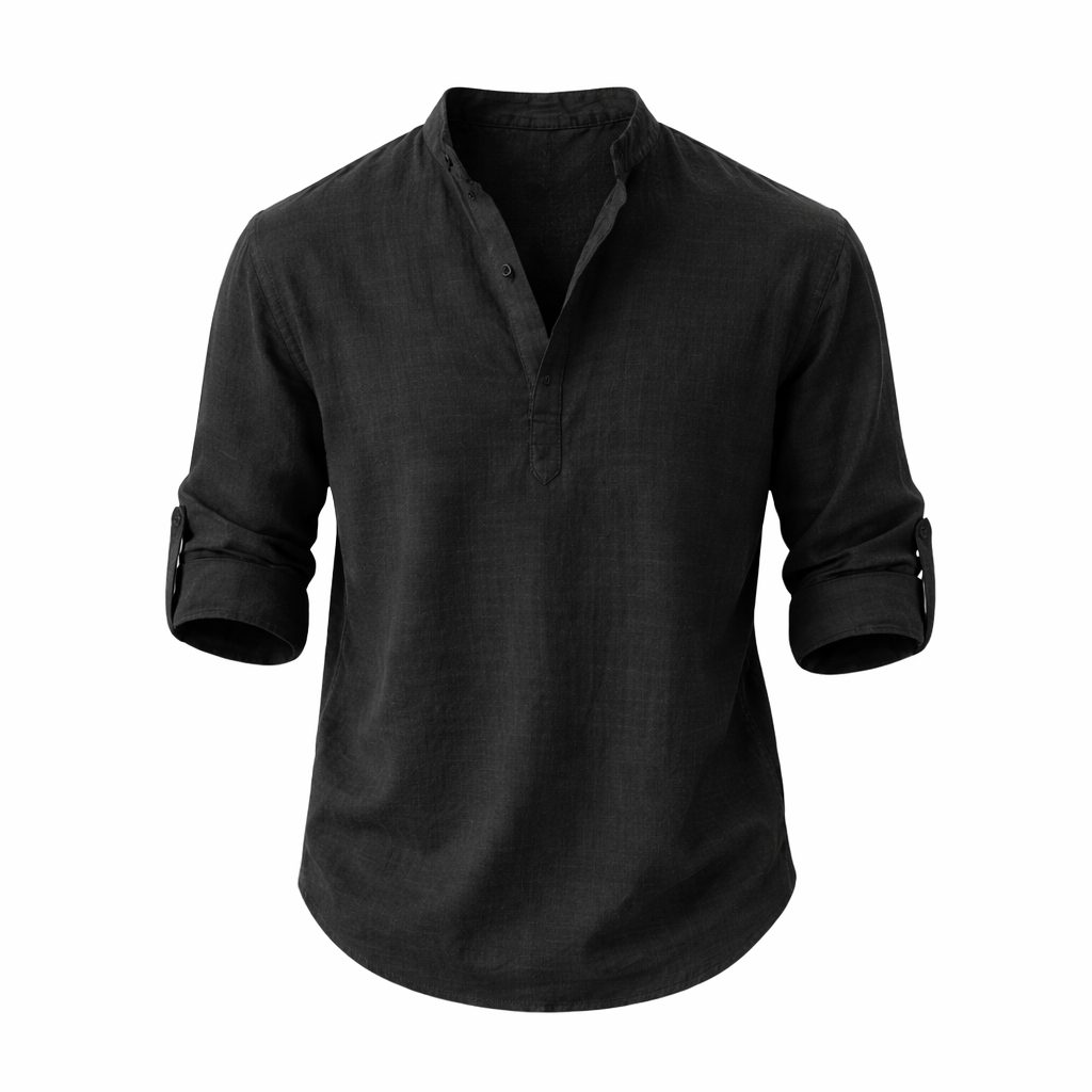 Chemise en lin à col mao manches retroussables boutonnage ouvert homme – Falaise